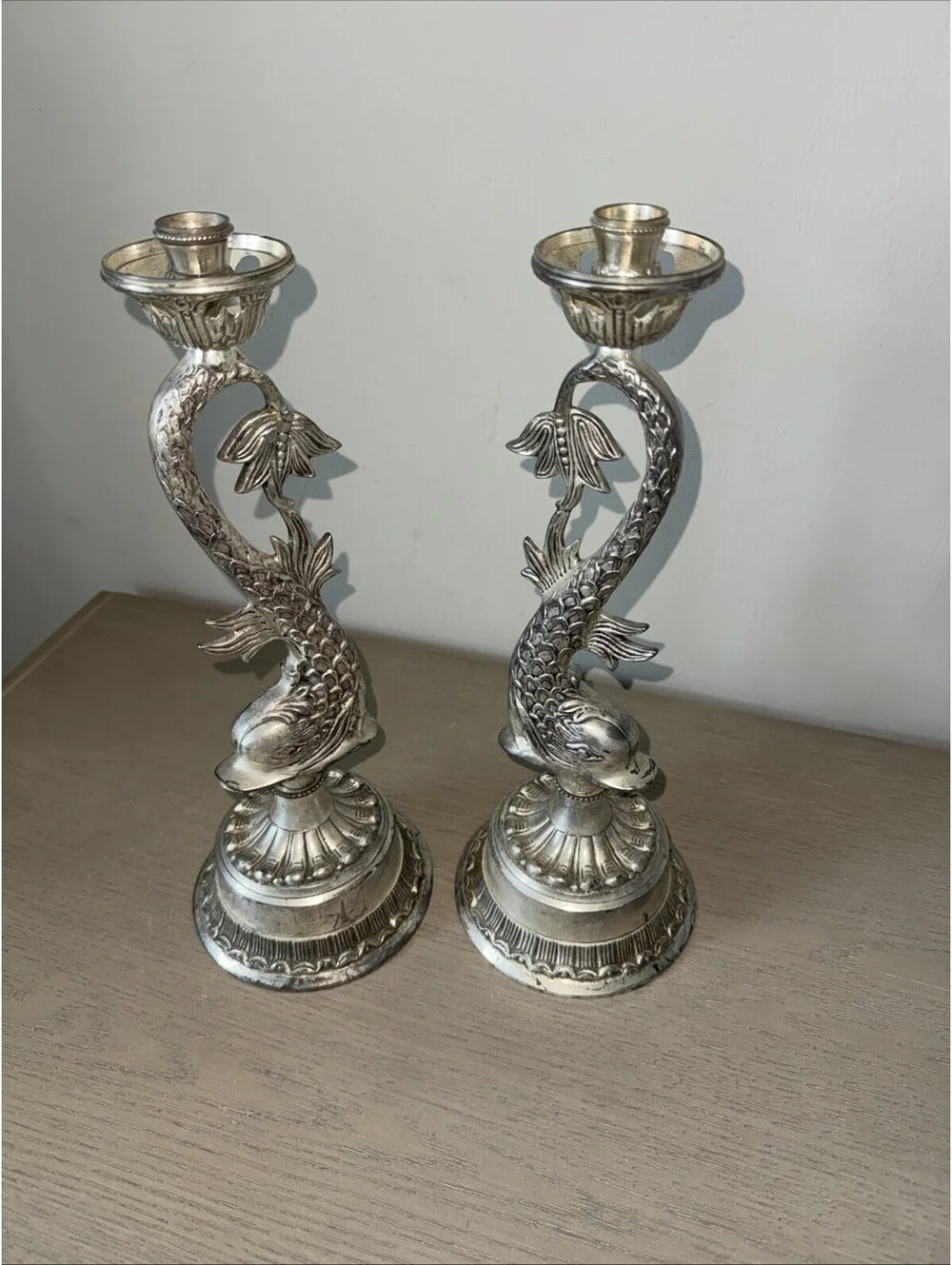 Hollywood Regency Style Silver Plated Dolphin Koi Fish Tall Candle Holders 16 in